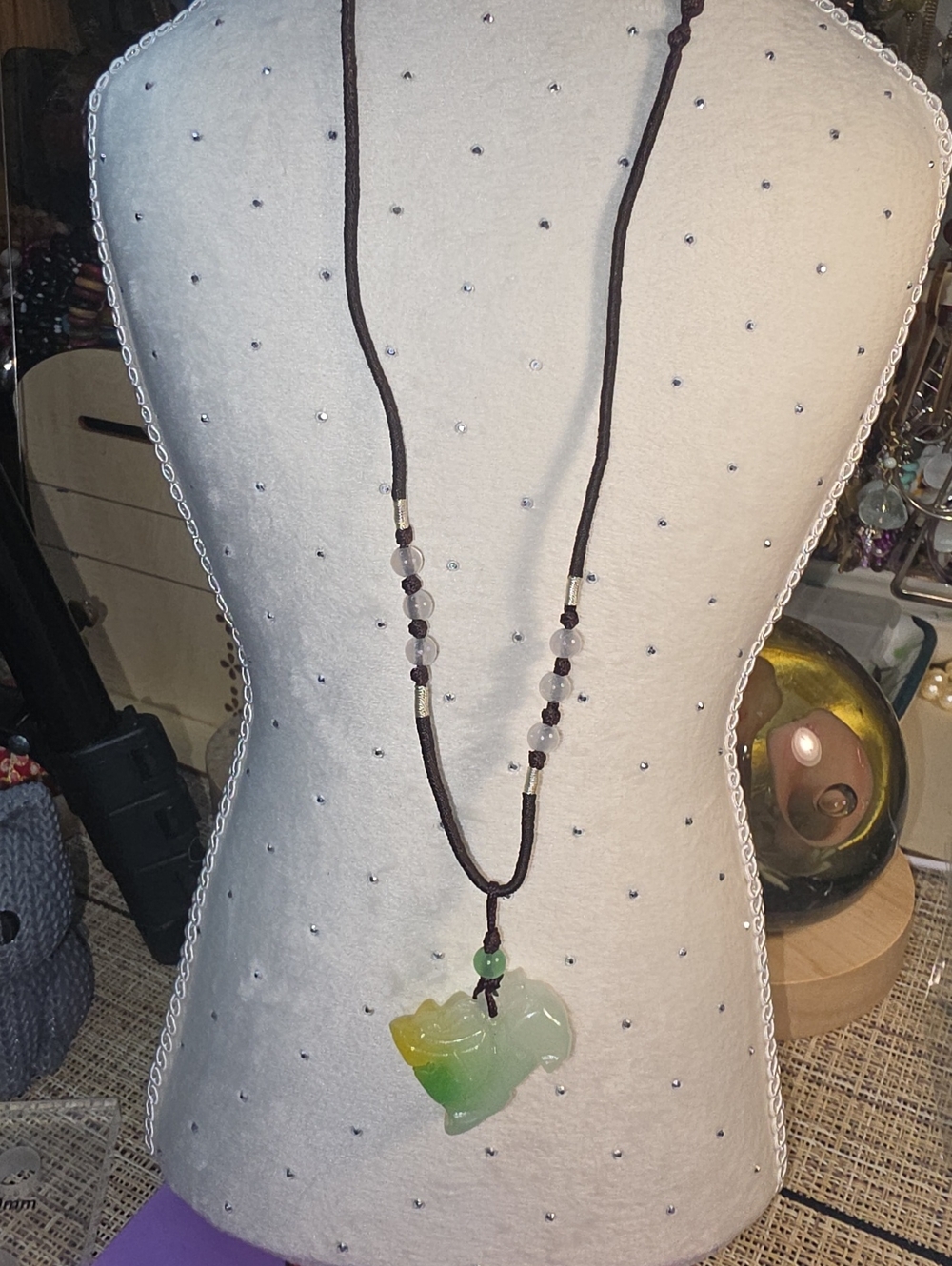 Green & Yellow Jade Pendant Necklace on Brown Cord